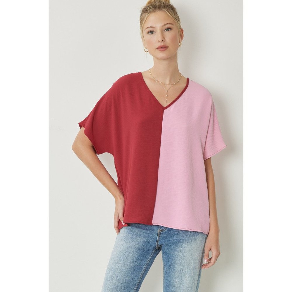 Entro Color Block V-Neck Top, Ruby